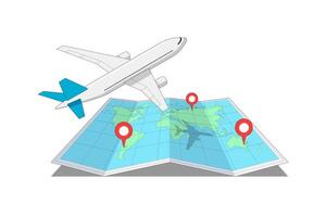 Passenger plane flying from one location to another destination pin above folded world map. Airline travel and long haul flight isometric sign concept. Airplane tourism journey isolated eps icon vector