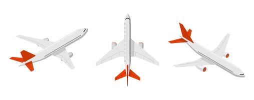 Passenger aircraft set. Flying plane collection. Airplane top view, takeoff and landing views. Isolated graphic eps air transport vector