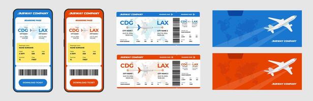 Airline flight ticket and airplane boarding pass design template. Passenger name and destination. Online flight travel booking app on smartphone screen. Business plane journey airways company document vector