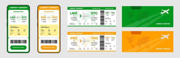 Airline flight ticket and airplane boarding pass design. Passenger name and flight details. Online flight travel booking mobile app on screen. Business plane journey airways company eticket document vector