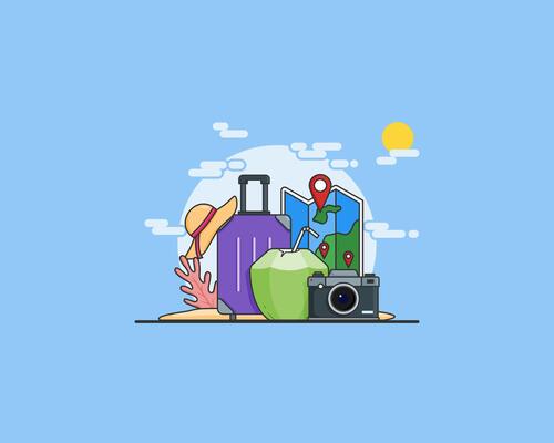 summer illustration with location map, coconut, camera and beach hat