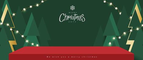 Merry Christmas banner with red product display and Christmas tree abstract background vector