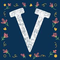 Playful hand-drawn alphabet letter V with decorative elements on a blue background, ideal for educational and creative design projects. vector