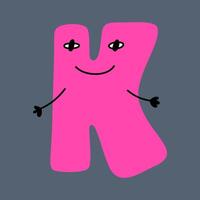 Whimsical funny alphabet in doodle style, colorful uppercase letter K with cute faces and hands. ABC funky bubble design vector