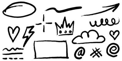 Bold brush Hand drawn doodle style collection of heart, scribble, star, spirals, sparkles, crown, lightning, and emphasis element. use for concept design. vector
