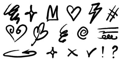 Bold brush Hand drawn doodle style collection of heart, scribble, star, crowns, spirals, sparkles, leaves, lightning, and emphasis element. use for concept design. vector