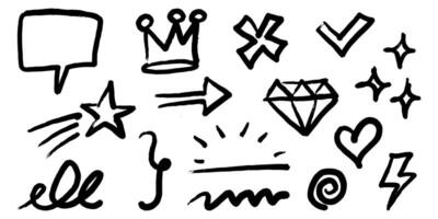 Bold brush Hand drawn doodle style collection of heart, scribble, star, check mark, spirals, sparkles, leaves, lightning, and emphasis element. use for concept design. vector