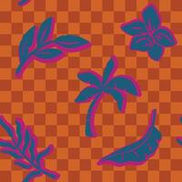 Retro tropical checkerboard vibrant seamless pattern with leaf floral and palm tree vector