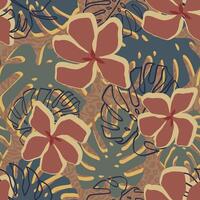 Hand drawn abstract contemporary exotic monstera leaf and flower collage seamless pattern on leopard skin texture background vector