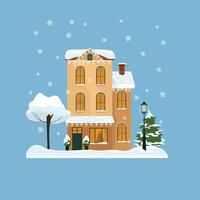 Decorated buildings for 2022 new year and christmas. Building with tree and fir tree at yard, construction facade with lanterns for xmas. Holiday and celebration,winter architecture vector