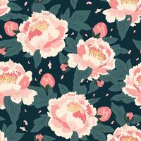 Seamless spring pattern with bouquet of peonies in dark background. Garden summer flowers beautiful modern hand drawn texture. Flat wallpaper, for fabric, prints, invitations, covers vector