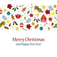 Cute Christmas elements in cartoon style gingerbread man, hot chocolate cup, candy, Christmas tree decorations. EPS10 file organized in layers for easy editing vector