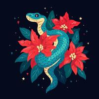 Snake with winter bouquet poinsettia. illustration template for 2025 Year of Snake. Flowers composition with symbol of the Japanese new year Typography for print on t-shirt, card, flyer, banner vector