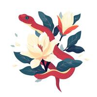 Snake with spring bouquet magnolias illustration template for the 2025 Year of Snake. Flowers composition with symbol of the Japanese new year. Typography for print on tee, card, flyer, banner vector