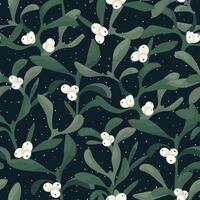 Seamless winter pattern with white mistletoe branches in dark background. Christmas floral beautiful modern hand drawn texture. Flat design for fabric, textile, prints, wallpaper, covers vector