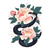 Snake with spring bouquet of peonies illustration template for the 2025 Year of Snake. Flowers composition with symbol of the Japanese new year. Typography for print on tee, card, flyer, banner vector