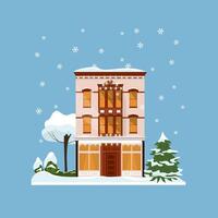 Decorated buildings for 2022 new year and christmas. Building with tree and fir tree at yard, construction facade with lanterns for xmas. Holiday and celebration,winter architecture vector