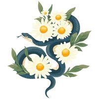 Snake with summer bouquet of daisy illustration template for the 2025 Year of Snake. Flowers composition with symbol of the Chinese new year. Typography for print on tee, card, flyer, banner vector