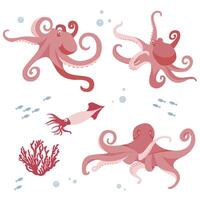 Set with octopus and squid in different poses flat illustration. Cheerful aquatic creature with eyes and tentacles isolated. Underwater wildlife habitat set nature sea fauna vector