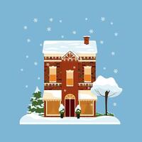 Decorated buildings for 2022 new year and christmas. Building with tree and fir tree at yard, construction facade with lanterns for xmas. Holiday and celebration,winter architecture vector