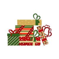 Big pile of gift boxes in festive wrapping paper with ribbon and bows. Different presents for Christmas holiday. Flat illustration isolated on white vector