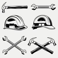 Labor Day design elements of spanner hammer helmet vintage monochrome labor tools vector
