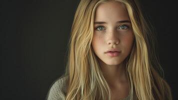 Young Girl With Freckles and Long Hair Posing Against Dark Background photo