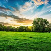 Lush Green Meadow Under Vibrant Sunset Sky photo