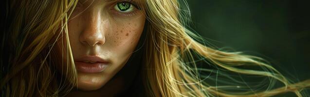 Close-Up Portrait of Young Woman With Green Eyes and Freckles in Dim Light photo