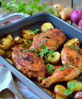 Roasted Chicken Thighs With Golden Potatoes and Herbs on a Rustic Table photo