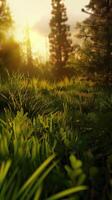 Lush Green Meadow Bathed in Warm Sunset Light With Silhouetted Trees photo