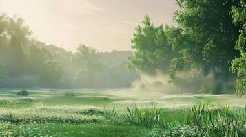 Fresh Green Meadow at Sunrise With Morning Mist in Tranquil Nature photo