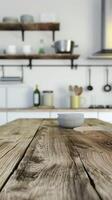 Empty Wooden Tabletop in Modern Kitchen for Product Display photo