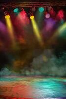 Empty Stage With Colorful Spotlights and Smoke Before Performance photo
