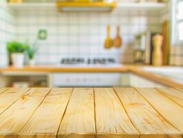 Empty Wooden Tabletop in Blurred Kitchen Background for Product Display photo