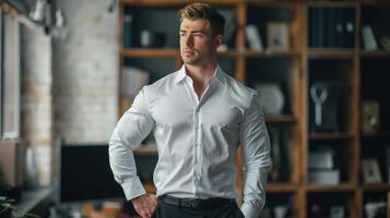 Professional Man in White Shirt Posing in Modern Office Environment photo