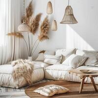 Boho Living Room With Natural Elements and Cozy Textiles in Bright Space photo