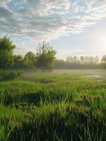 Morning Dew on a Vibrant Green Meadow Surrounded by Lush Trees photo