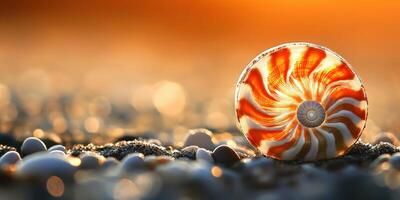 Orange and white seashell resting on a sandy beach at sunset photo