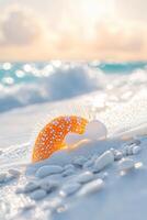 Orange and white seashell resting on a sunlit beach at sunset photo