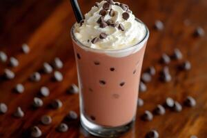 Delicious ice cream drink topped with whipped cream and chocolate chips photo