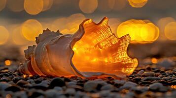 Orange and white seashell resting on a sandy beach at sunset photo