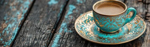 Elegant turquoise coffee cup and saucer on weathered wooden table photo