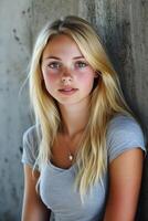 Blonde college student posing in a casual grey shirt indoors photo