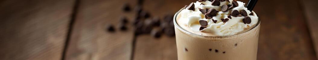 Creamy ice cream drink topped with whipped cream and chocolate chips photo