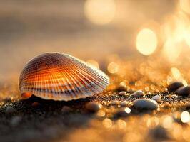Orange and white seashell resting on the sandy beach at sunset photo