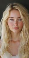 Blonde college girl with natural beauty posing in casual setting photo
