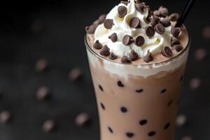 Delicious ice cream drink topped with whipped cream and chocolate chips photo