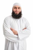 Smiling Muslim Man With a Beautiful Beard Wears Traditional Attire photo