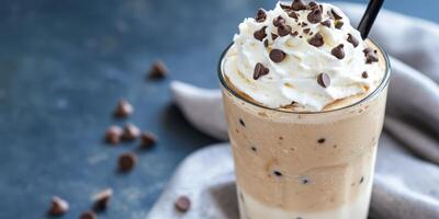 Delicious glass of ice cream drink with whipped cream and chocolate chips photo